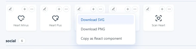 Card buttons: pencil (edit), + (scratchpad) and ⋯ (downloads and React).