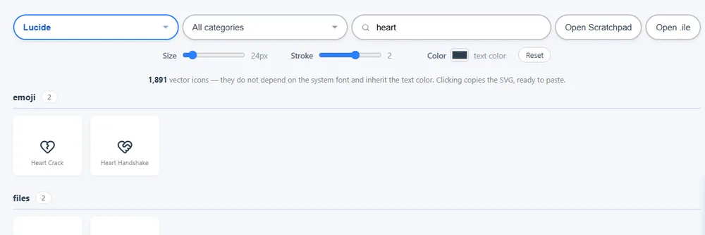 The icon set, categories, search and style controls.