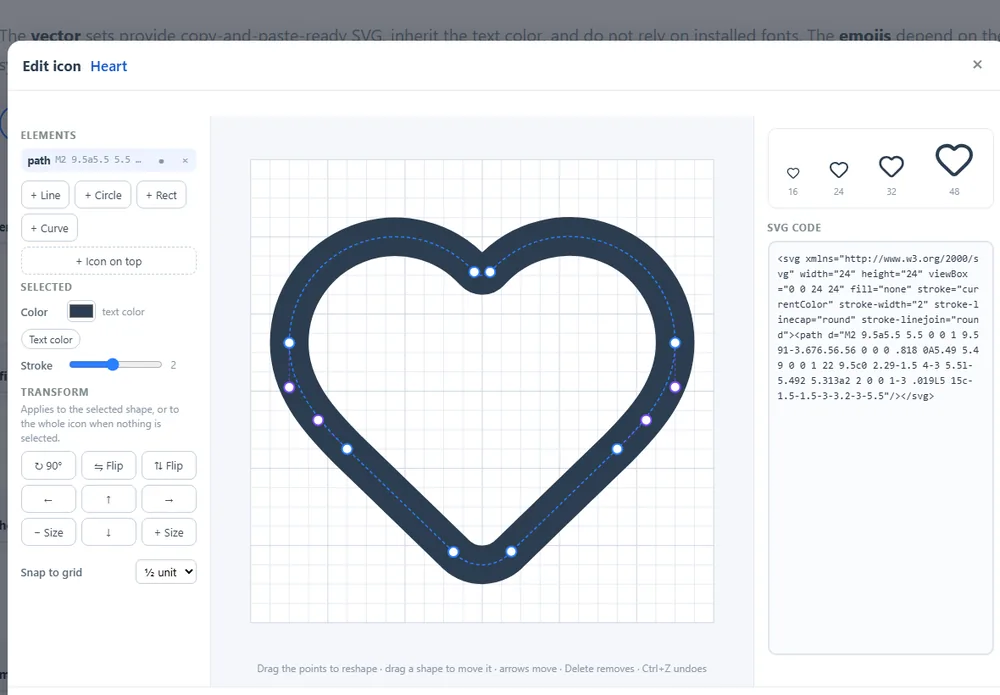 The editor: shapes on the left, points on the grid, code and previews on the right.