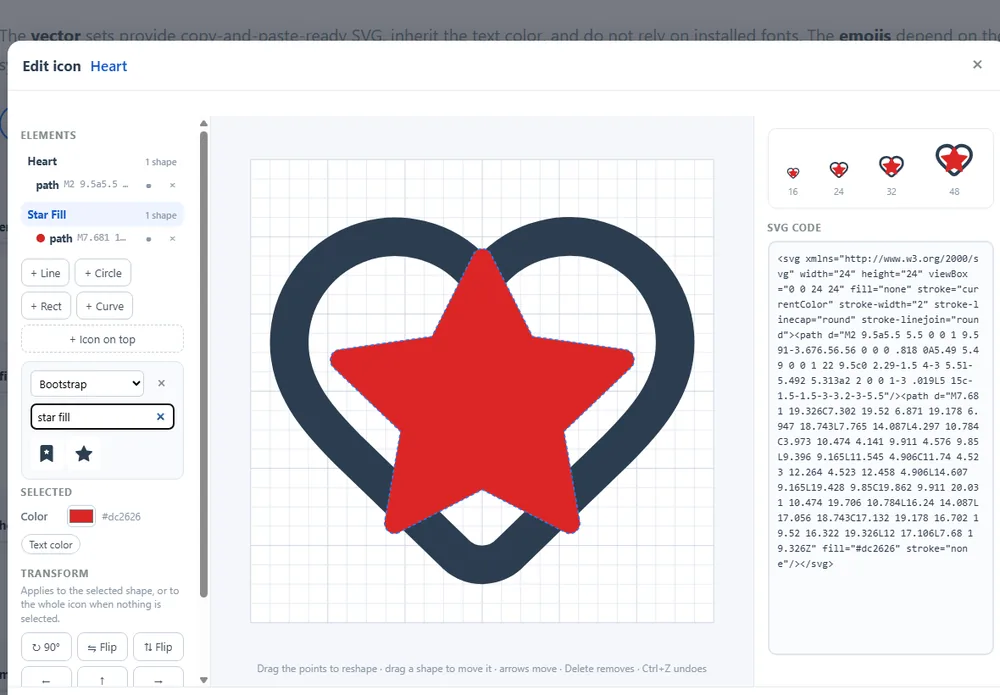 A filled Bootstrap star placed over an outline Lucide heart, with its own color.