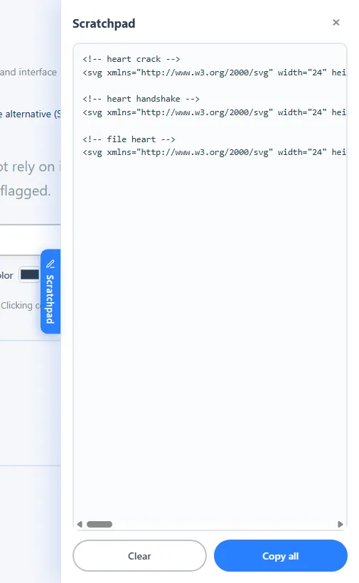 The scratchpad collects icons as an HTML comment followed by the SVG.